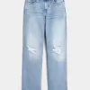 Zerrissene Dad-Jeans mit hohem Bund und mittlerer Waschung Zerrissene Dad-Jeans mit hohem Bund und mittlerer Waschung