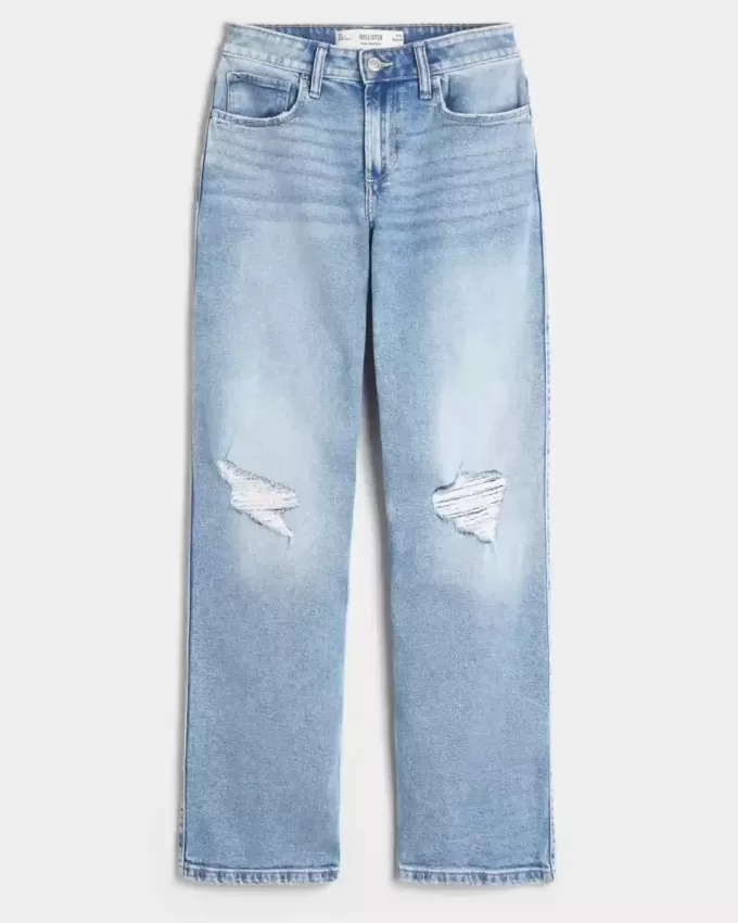 Zerrissene Dad-Jeans mit hohem Bund und mittlerer Waschung Zerrissene Dad-Jeans mit hohem Bund und mittlerer Waschung