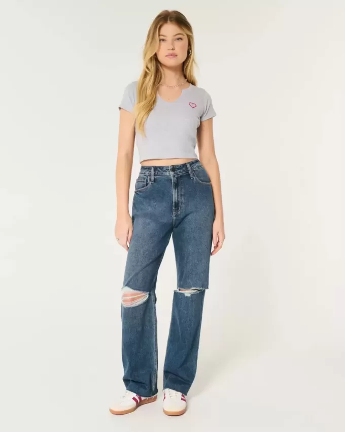 Zerrissene Dad-Jeans mit ultrahohem Bund und dunkler Waschung Zerrissene Dad-Jeans mit ultrahohem Bund und dunkler Waschung