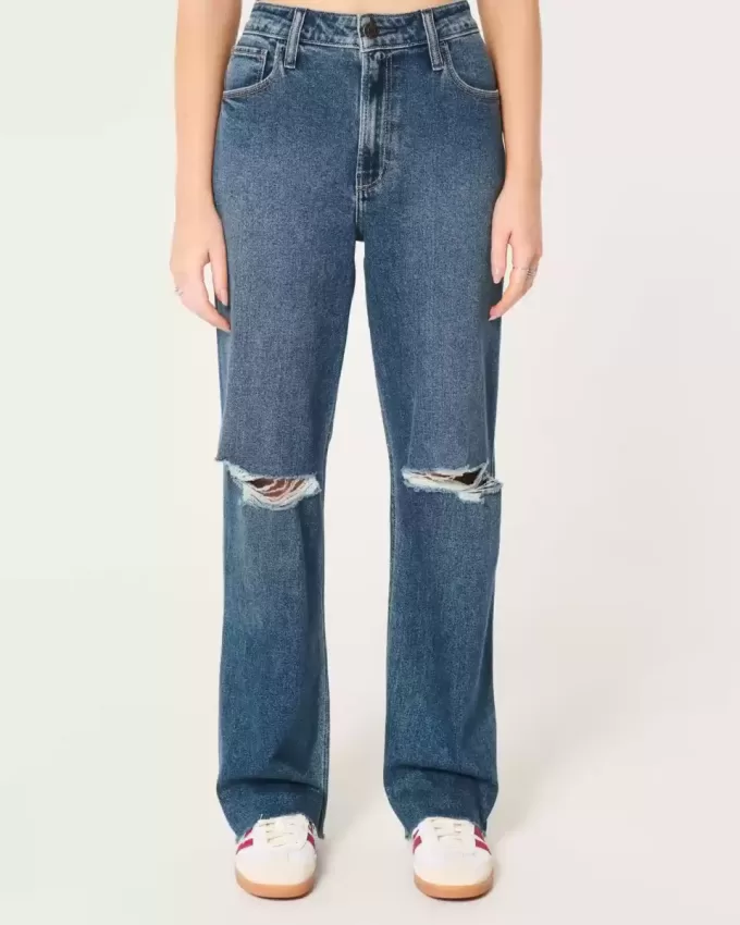 Zerrissene Dad-Jeans mit ultrahohem Bund und dunkler Waschung Zerrissene Dad-Jeans mit ultrahohem Bund und dunkler Waschung
