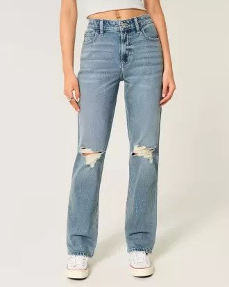 Zerrissene High-Rise Straight Jeans in mittlerer Waschung