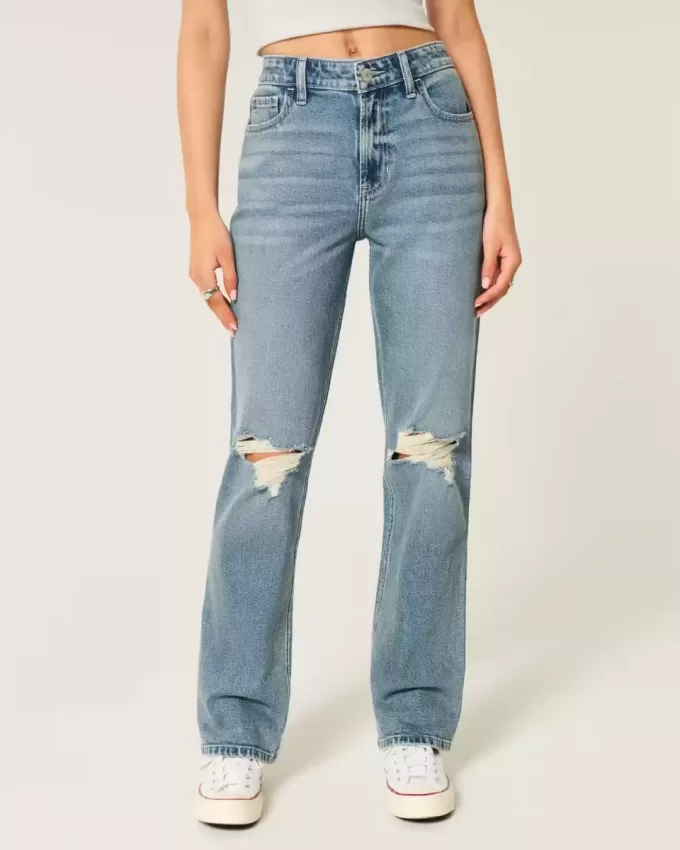 Zerrissene High-Rise Straight Jeans in mittlerer Waschung