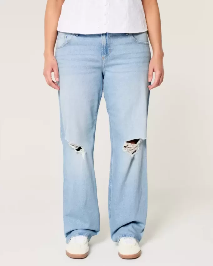 Zerrissene, lockere Straight-Jeans mit niedriger Taille und heller Waschung Zerrissene, lockere Straight-Jeans mit niedriger Taille und heller Waschung