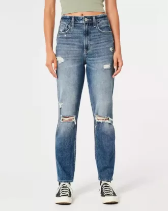 Zerrissene Mom-Jeans mit ultrahohem Bund und mittlerer Waschung