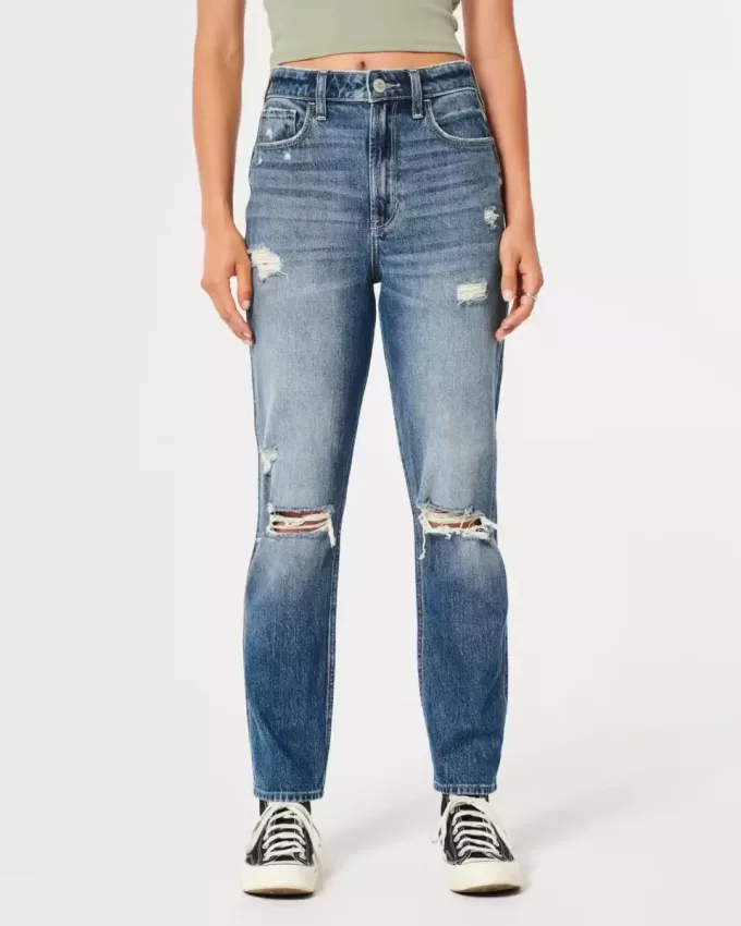 Zerrissene Mom-Jeans mit ultrahohem Bund und mittlerer Waschung Zerrissene Mom-Jeans mit ultrahohem Bund und mittlerer Waschung