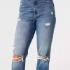 Zerrissene Mom-Jeans mit ultrahohem Bund und mittlerer Waschung Zerrissene Mom-Jeans mit ultrahohem Bund und mittlerer Waschung