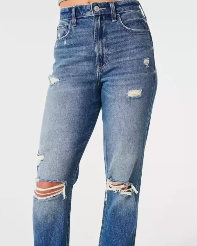 Zerrissene Mom-Jeans mit ultrahohem Bund und mittlerer Waschung Zerrissene Mom-Jeans mit ultrahohem Bund und mittlerer Waschung