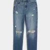 Zerrissene Mom-Jeans mit ultrahohem Bund und mittlerer Waschung Zerrissene Mom-Jeans mit ultrahohem Bund und mittlerer Waschung