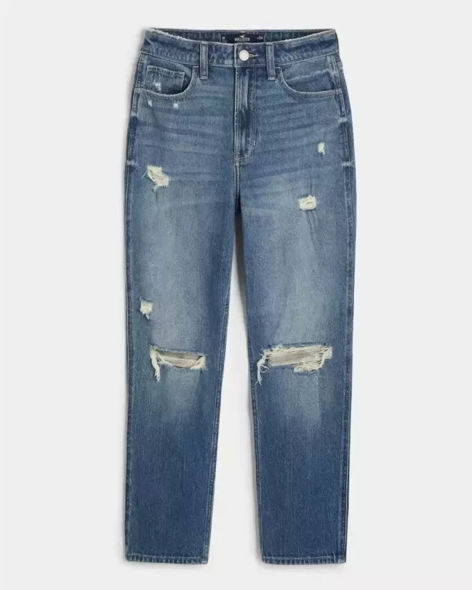 Zerrissene Mom-Jeans mit ultrahohem Bund und mittlerer Waschung Zerrissene Mom-Jeans mit ultrahohem Bund und mittlerer Waschung