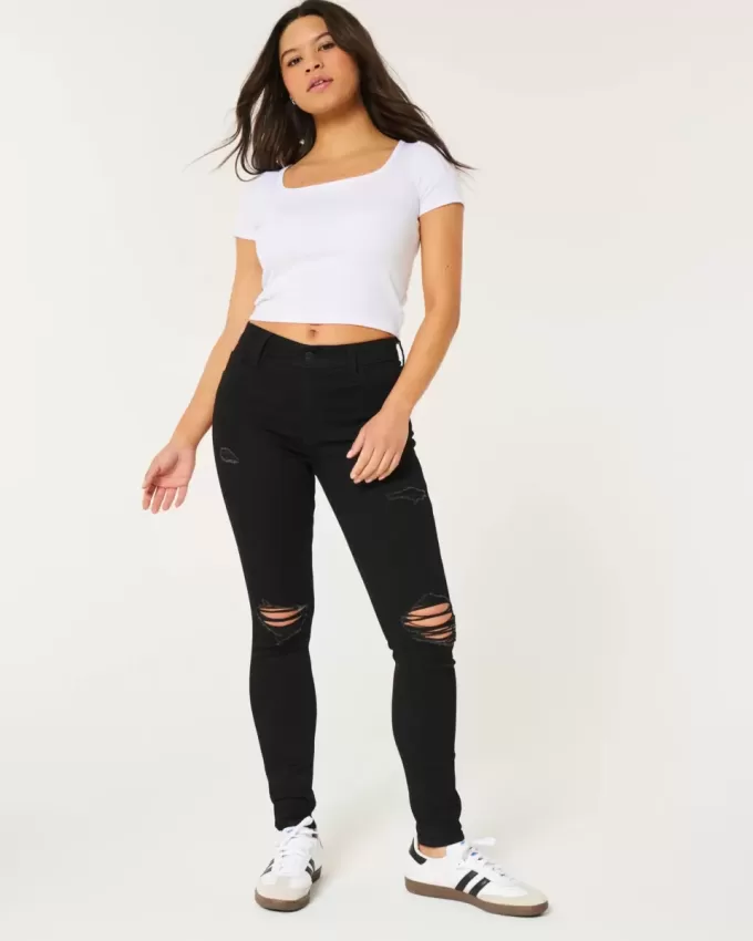Zerrissene schwarze Super Skinny Jeans mit hohem Bund Zerrissene schwarze Super Skinny Jeans mit hohem Bund
