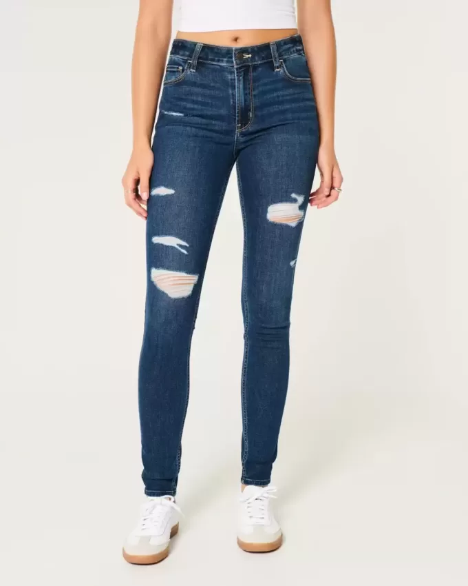 Zerrissene Super Skinny Jeans mit hoher Taille und dunkler Waschung