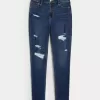 Zerrissene Super Skinny Jeans mit hoher Taille und dunkler Waschung