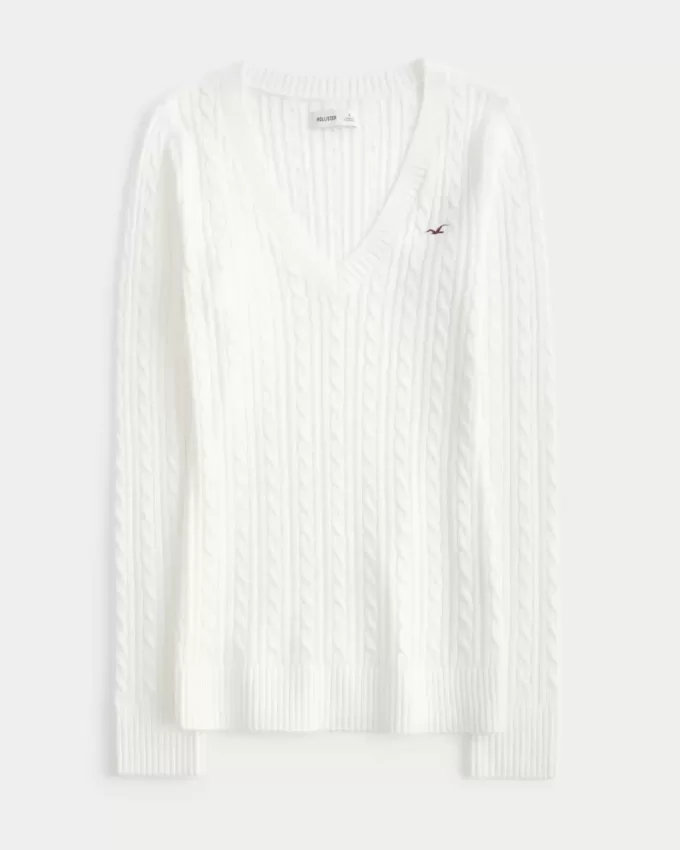 Zopfmuster-Pullover mit V-Ausschnitt und Symbol Zopfmuster-Pullover mit V-Ausschnitt und Symbol
