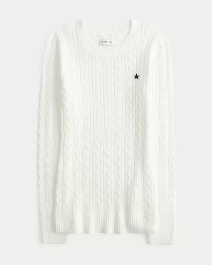 Zopfmuster-Strickpullover mit Sternenmuster und Rundhalsausschnitt Zopfmuster-Strickpullover mit Sternenmuster und Rundhalsausschnitt