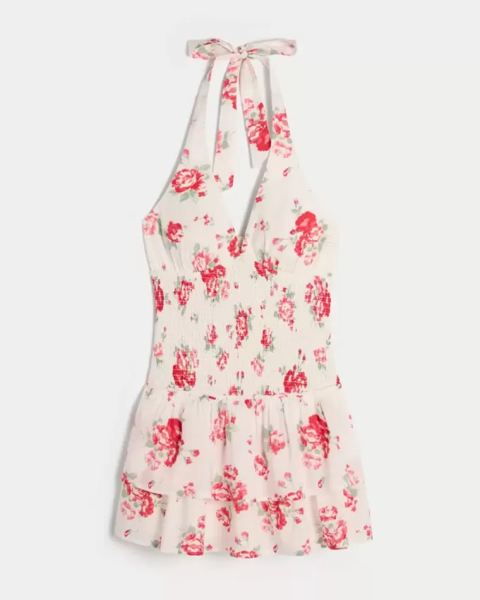Zweilagiges, gesmoktes Neckholder-Skortkleid